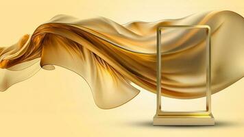 3D Render of Blank Golden Rectangle Frame Stand or Board Mockup Against Floating Silk Fabric Background. photo