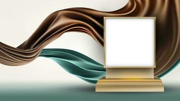 3D Render of Blank Golden Frame Stand Mockup Against Floating Brown And Teal Silk Fabric Background. photo