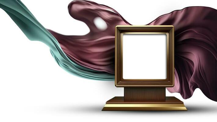 3D Render of Blank Golden Square Frame Stand or Trophy Mockup On Purple And Teal Silk Fabric Wave.