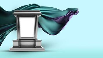 3D Render of Blank Silver Frame Stand or Trophy Mockup And Floating Silk Fabric On Pastel Cyan Background. photo