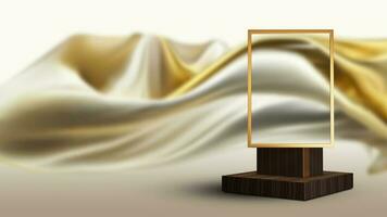 3D Render of Blank Rectangle Frame Stand Mockup On Floating Golden Silk Fabric Background. photo