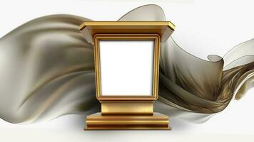 3D Render of Blank Golden Frame Stand or Trophy Mockup On Floating Silk Fabric Background. photo