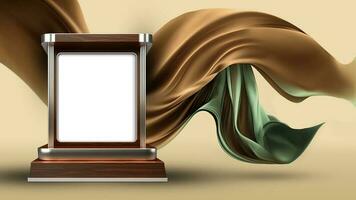 3D Render of Blank Frame Stand or Stage Mockup And Floating Silk Fabric On Pastel Brown Background. photo