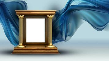 3D Render of Golden Classic Arch Stage Mockup On Blue Floating Silk Fabric Background. photo