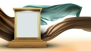 3D Render of Blank Golden Frame Stand or Stage Mockup Against Floating Silk Fabric Background. photo