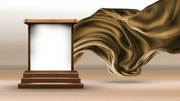 3D Render of Blank Copper Frame Stand or Stage Mockup And Floating Silk Fabric. photo