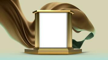 3D Render of Blank Golden Frame Stand or Product Screen Mockup On Floating Silk Fabric Background. photo