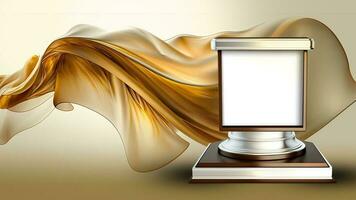 3D Render of Blank Silver Frame Stand or Trophy Mockup Against Floating Golden Silk Fabric Background. photo