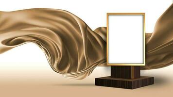 3D Render of Blank Golden Rectangle Frame Stand Mockup Against Floating Brown Silk Fabric Background. photo