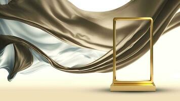 3D Render of Blank Golden Rectangle Frame Stand Mockup Against Floating Brown And Silver Silk Fabric Background. photo