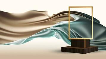 3D Render of Blank Golden Rectangle Frame Stand Mockup On Brown And Light Turquoise Floating Silk Fabric Background. photo