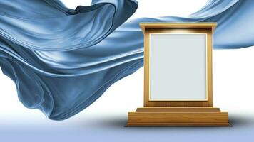 3D Render of Blank Golden Frame Stand or Stage Mockup Against Floating Blue Silk Fabric Background. photo