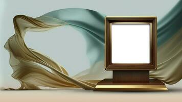 3D Render of Blank Brown Frame Stand or Trophy Mockup On Double-Tone Floating Silk Fabric Background. photo