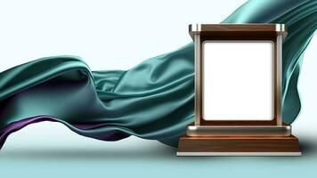 3D Render of Blank Frame Stand or Stage Mockup On Teal Floating Silk Fabric Background. photo