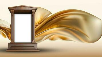 3D Render of Blank Classic Arch Stage Mockup Against Golden Floating Silk Fabric Background. photo