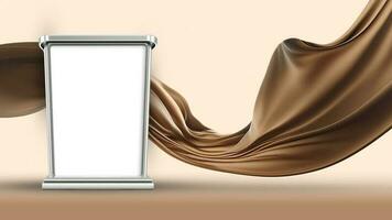 3D Render of Blank Silver Frame Stand Mockup Against Floating Brown Silk Fabric Background. photo
