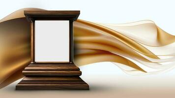 3D Render of Brown Arch Stage Mockup Against Golden Floating Silk Fabric Background. photo