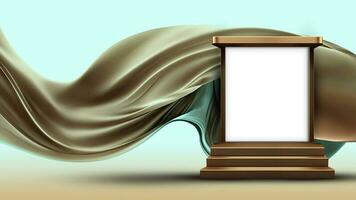 3D Render of Blank Frame Stand or Stage Mockup On Golden Floating Silk Fabric Background. photo