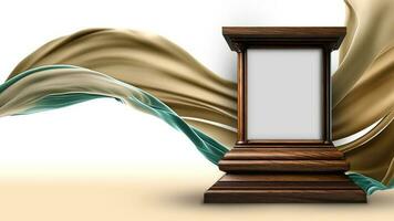 3D Render of Blank Arch Stage Mockup On Golden And Teal Floating Silk Fabric Background. photo