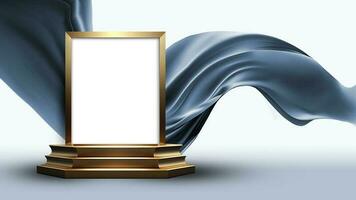 3D Render of Blank Golden Frame Stand or Stage Mockup On Blue Floating Silk Fabric Background. photo