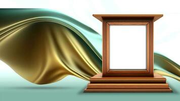 3D Render of Blank Wooden Frame Stand or Stage Mockup On Double-Tone Floating Silk Fabric Background. photo