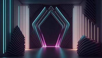 Neon Light Show Stage Display Background, Futuristic Shapes Made of Lasers. . photo