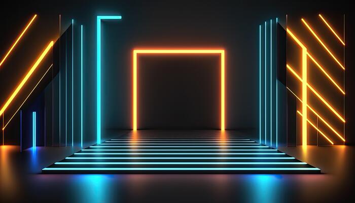 Neon Light Stage Display Background, Futuristic Shapes Made of Lasers. .