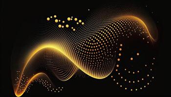 Abstract Background of Connected Golden Dots or Points, Cyber Particle Waves. Big Data Stream. . photo