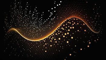 Abstract Background of Connected Golden Dots or Points, Cyber Particle Waves. Big Data Stream. . photo