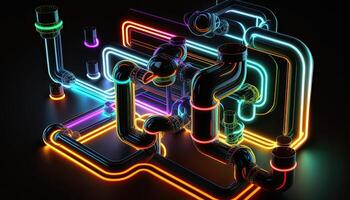 Abstract Neon Lights Tangled Pipes or Tubes on Dark Background. Digital. photo