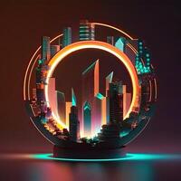 Futuristic of neon glowing in circular shape, cityscape. Cyberpunk in buildings view with digital design. . photo