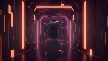 Abstract futuristic technological backdrop with network, huge data, server, internet, and speed lines. through a tunnel of modern technology, abstract neon lights. photo