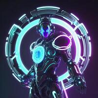 Cyborg Robot And Futuristic Neon Glowing, Circle Shape on Background. . photo