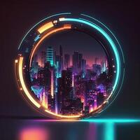 futurista de neón brillante en circular forma, paisaje urbano cyberpunk en edificios ver con digital diseño. generativo ai. foto