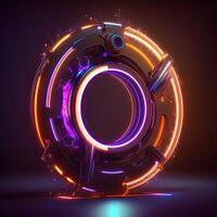 3D Render of Abstract Neon Circular Element, Digital HUD Technology, Sci-fi Concept. . photo