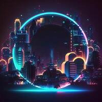 Futuristic of neon glowing in circular shape, cityscape. Cyberpunk in buildings view with digital design. . photo