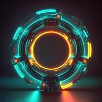 3D Render of Abstract Neon Circular Element, Digital HUD Technology, Sci-fi Concept. . photo