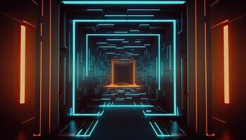 Abstract futuristic technological backdrop with network, huge data, server, internet, and speed lines. through a tunnel of modern technology, abstract neon lights. photo