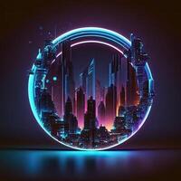 Futuristic of neon glowing in circular shape, cityscape. Cyberpunk in buildings view with digital design. . photo