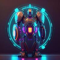 Cyborg Robot And Futuristic Neon Glowing, Circle Shape on Background. . photo