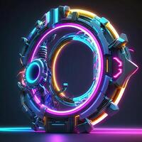 3D Render of Abstract Neon Circular Element, Digital HUD Technology, Sci-fi Concept. . photo