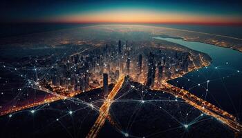 Futuristic city connected by invisible internet links. Panorama aerial view of smart city, connectivity concept. . photo