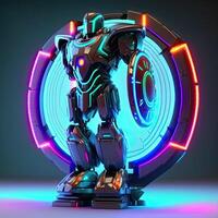 Cyborg Robot And Futuristic Neon Glowing, Circle Shape on Background. . photo
