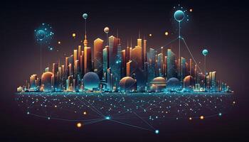 Futuristic city connected by internet links. Panorama aerial view of smart city, connectivity concept. . photo