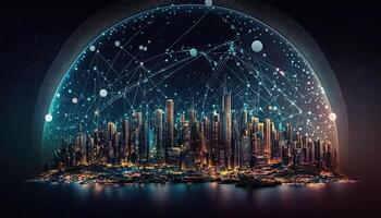 Global Network Connection Over Futuristic Smart City. Digital Illustration. photo