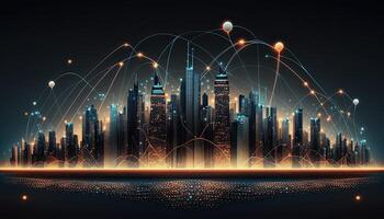 futurista ciudad conectado por Internet Enlaces. panorama aéreo ver de inteligente ciudad, conectividad concepto. generativo ai. foto