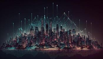 Futuristic city connected by internet links. Panorama aerial view of smart city, connectivity concept. . photo