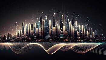 Futuristic smart cities, abstract dots, gradient lines, and aesthetic all work together. Complex wave lines with the idea of a huge data link. . photo