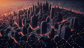 Futuristic city connected by invisible internet links. Panorama aerial view of smart city, connectivity concept. . photo