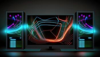 Futuristic Technology Abstract Background. Glowing Neon Light Motion Virtual Screen Computer and CPU. Digital Illustration. photo
